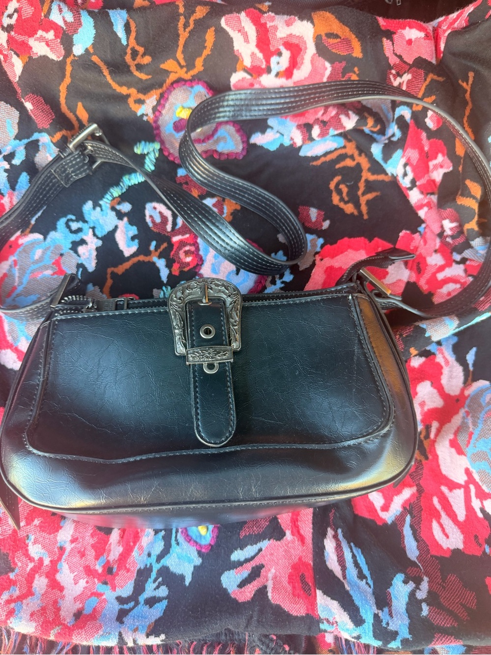 Steve Madden Black Leather Crossbody Bag with Buckle Detail